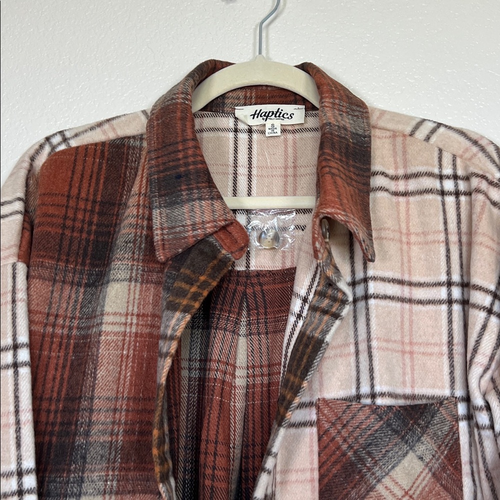 Brown and cream long plaid shacket, size small - Picture 3 of 9